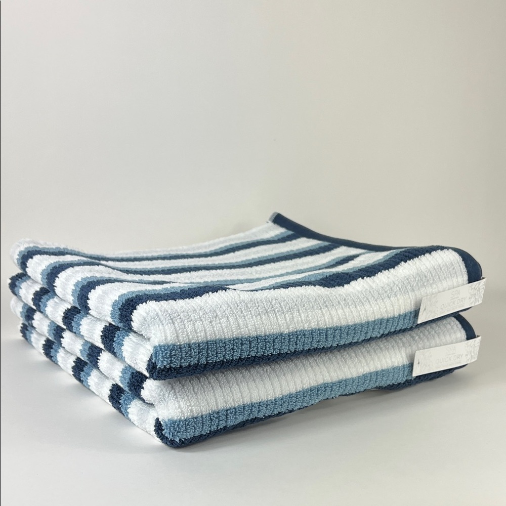 SPA Luxury Bath Towels Blue Gray White Striped Quick Dry Cotton Set of 2 NEW